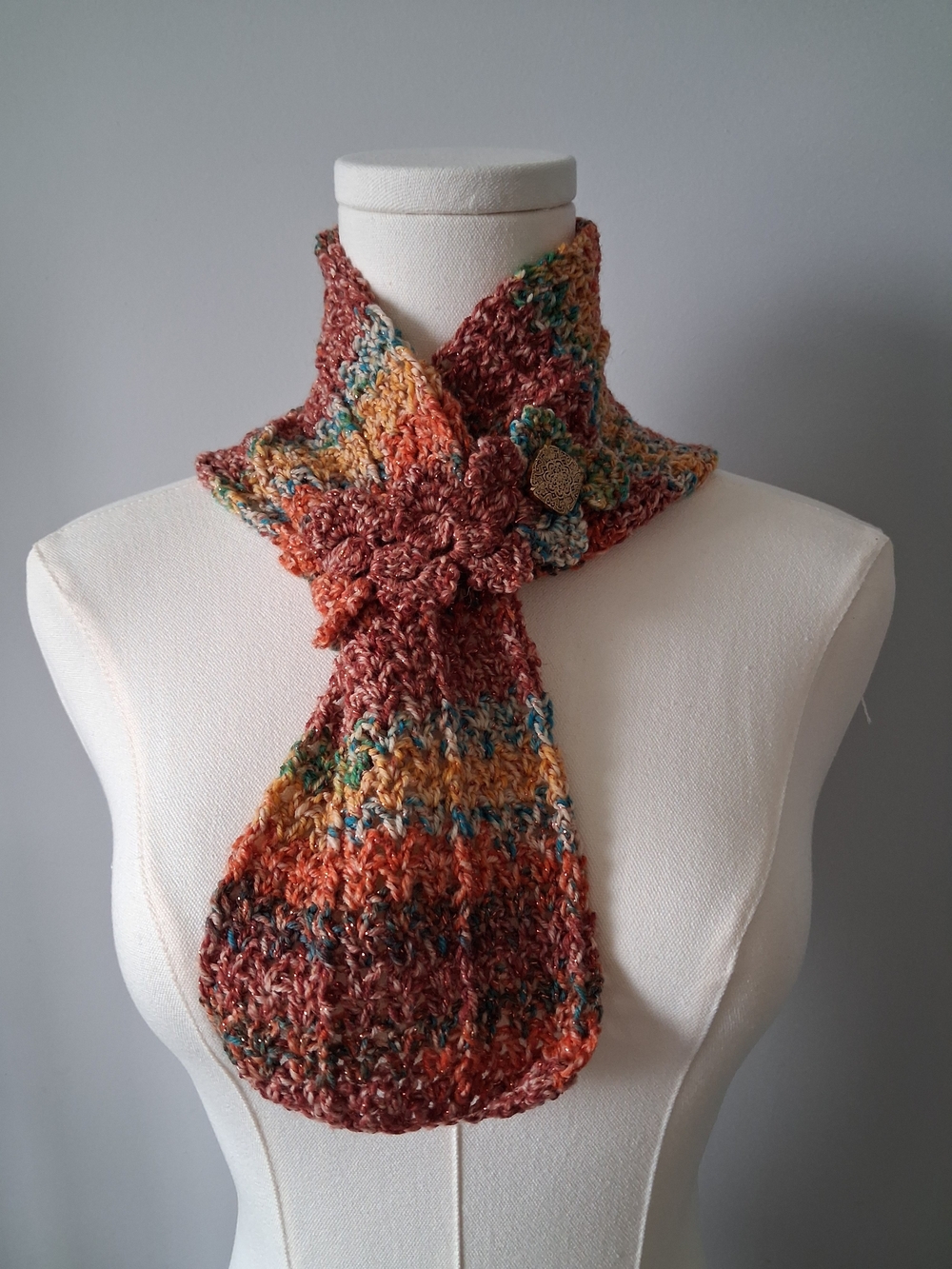 Multicolor Crochet Neck Scarf with Flower Accent - Rust & Teal